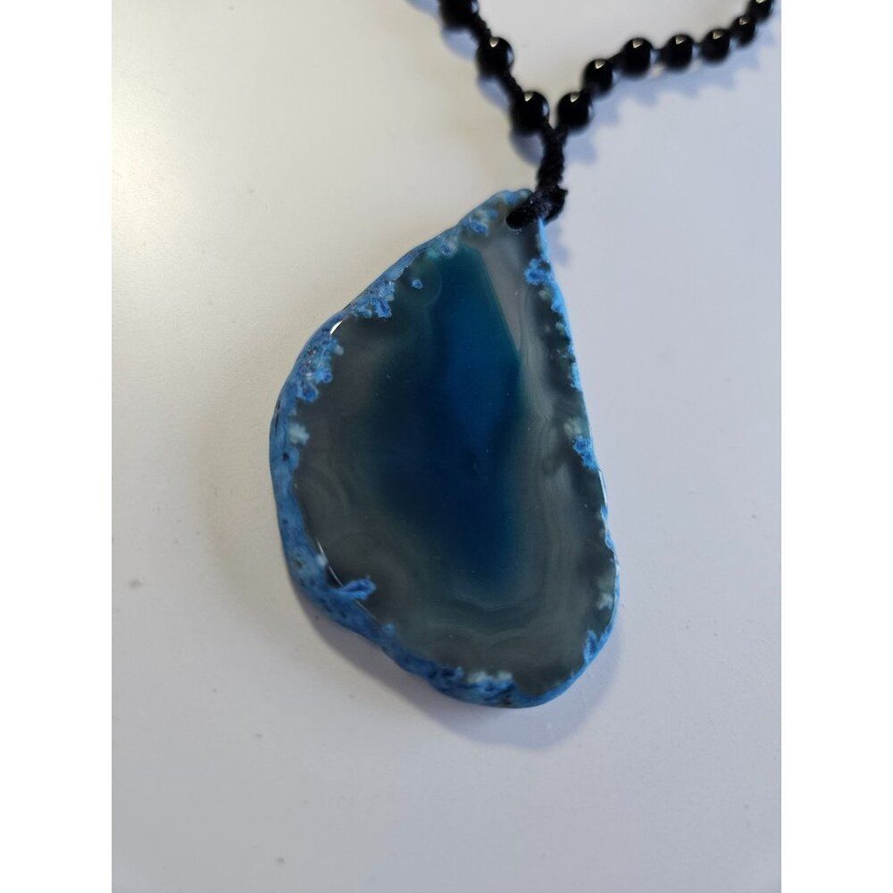 Blue agate slice necklace 30" black beaded macrame artisan